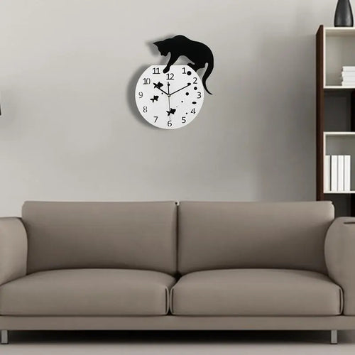 Modern Cat Design Wall Clock Silent Non-Ticking Quartz Timepiece Black White 32cm — Main Image